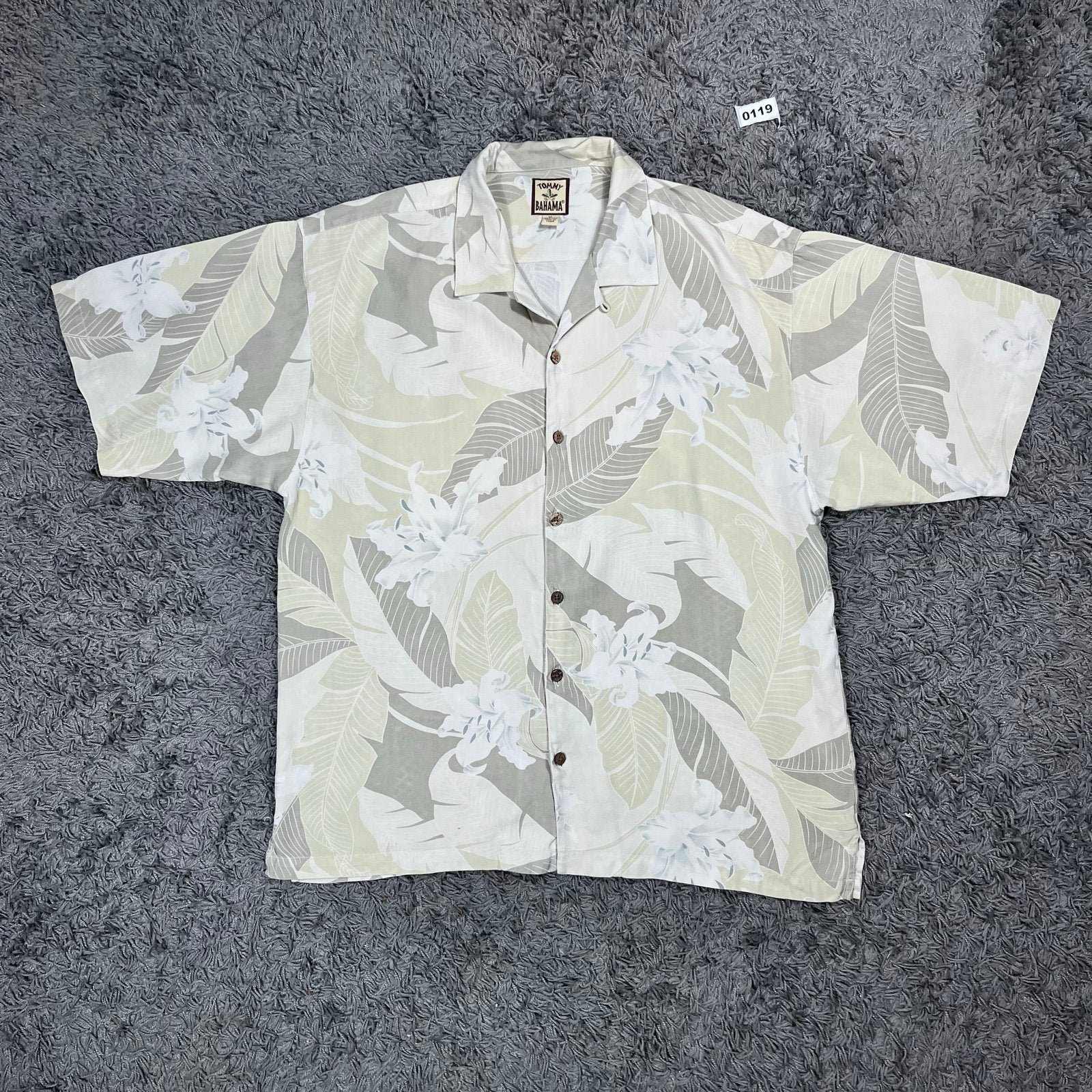 Tommy Bahama Beige &amp; White Floral Silk Shirt XL, Ophalen of Verzenden, Gedragen