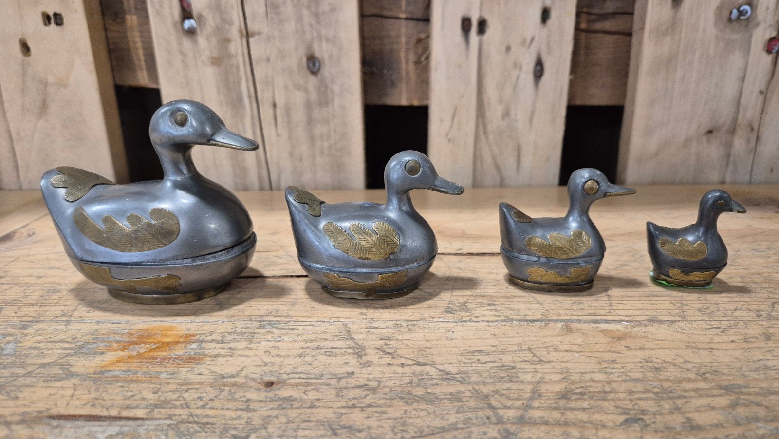 Set van 4 Vintage Tinnen Eenden met Messing Accent, Ophalen of Verzenden
