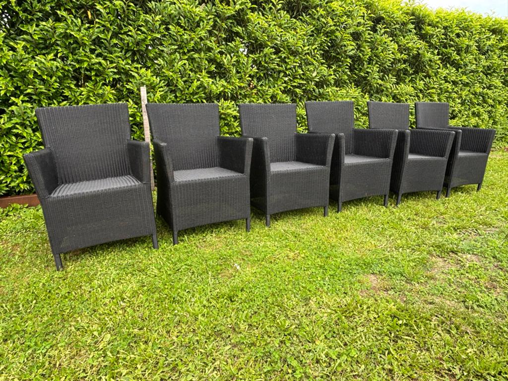 6 Borek Wicker Tuinstoelen met Kussens - Zwart (6 stuks), Tuin en Terras, Ophalen, Gebruikt, Wicker