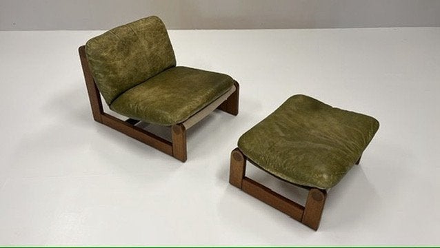 Vintage Lounge Stoel + Hocker - Canvas + Groen Leren Kussens, Huis en Inrichting, Gebruikt, Midcentury modern, 75 tot 100 cm, Ophalen of Verzenden