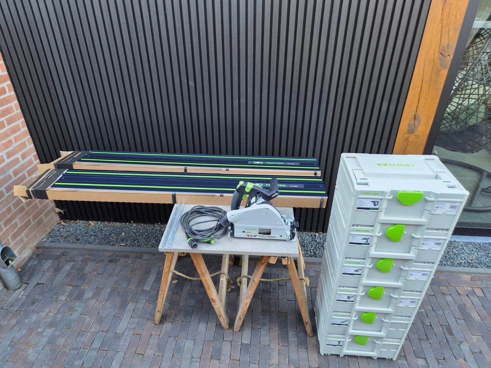 Festool TS 55EBQ invalzaag met 2x FS1400/2 geleiderails, Gebruikt, Invalzaag, Ophalen of Verzenden, 30 tot 70 mm