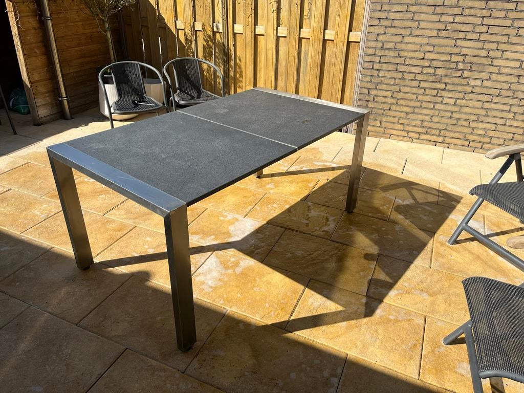 €80!!Tuintafel met RVS onderstel hardstenen blad 90x160 cm, Tuin en Terras, Tuintafels, Ophalen, Gebruikt, Rechthoekig, Rvs