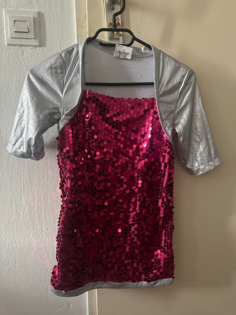 Carnavalsjurkje met pailletten en zilveren bolero, Kinderen en Baby's, Ophalen, Gebruikt, 122 t/m 128, Meisje