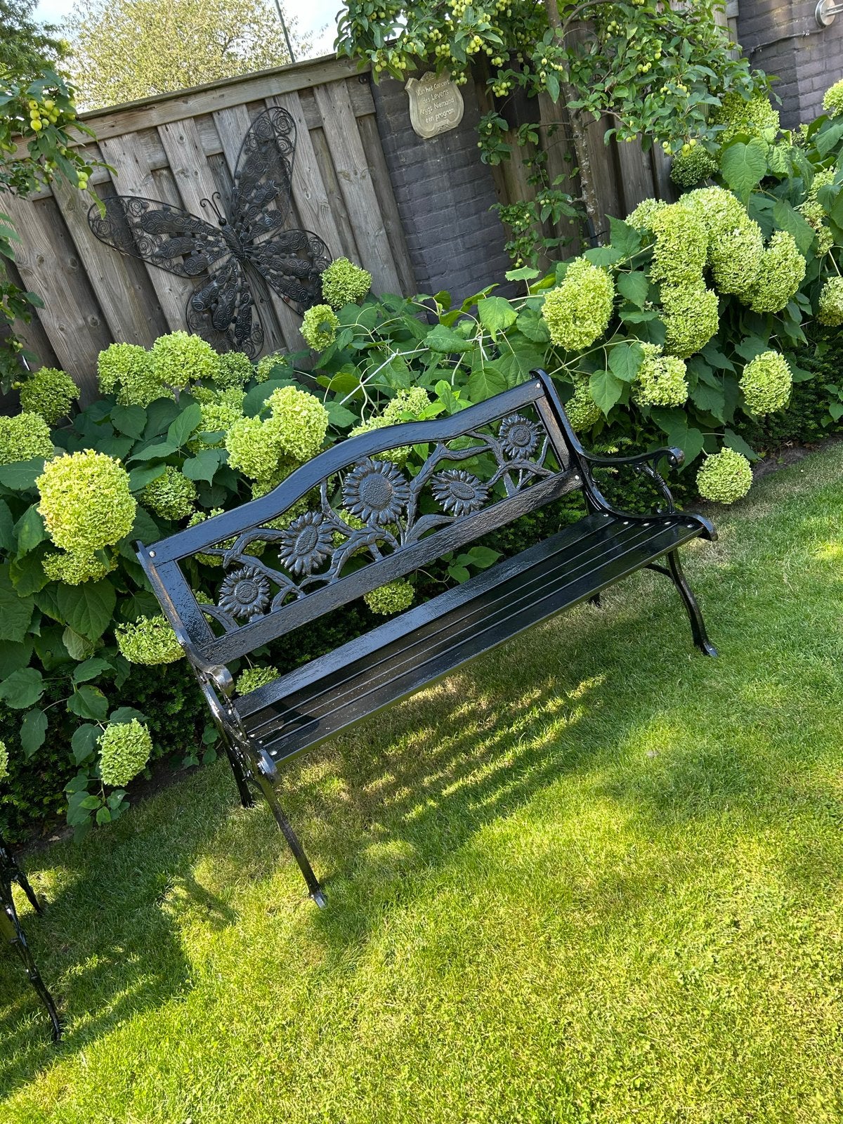 Gerestaureerde Zonnebloem Tuinbank - Gietijzer & Hardhout, Tuin en Terras, Tuinbanken, Ophalen, Gebruikt, Hout