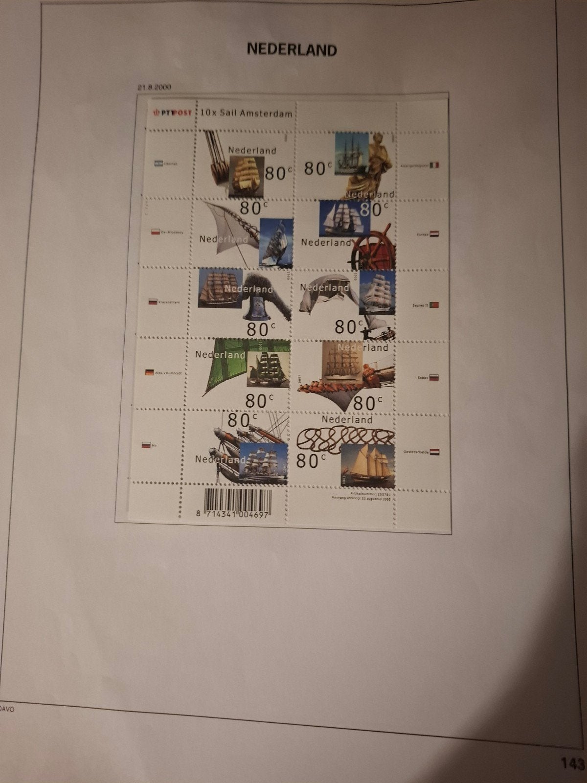 PTT Post 10x Sail Amsterdam Postzegelvel 2000, Postzegels en Munten, Postzegels | Nederland, Ophalen of Verzenden