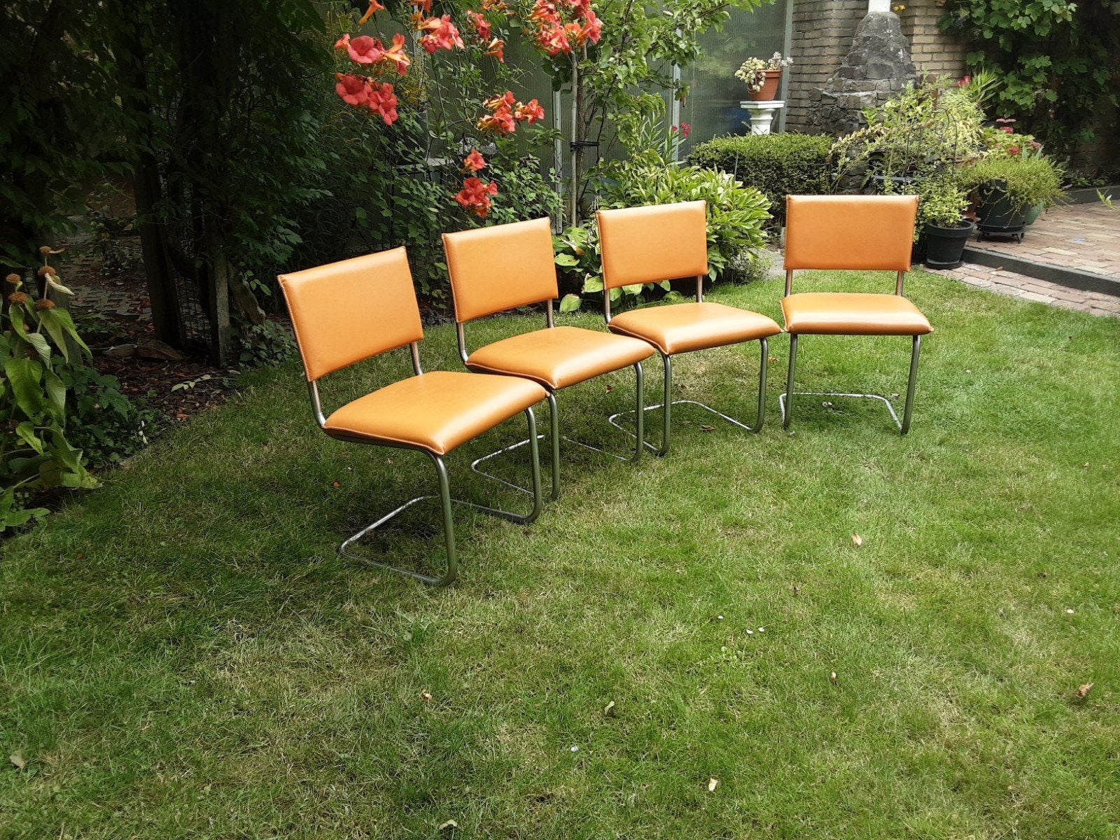 4 Jess slede eetkamerstoelen - cognac kleur, Huis en Inrichting, Ophalen, Gebruikt, Overige kleuren, Vier