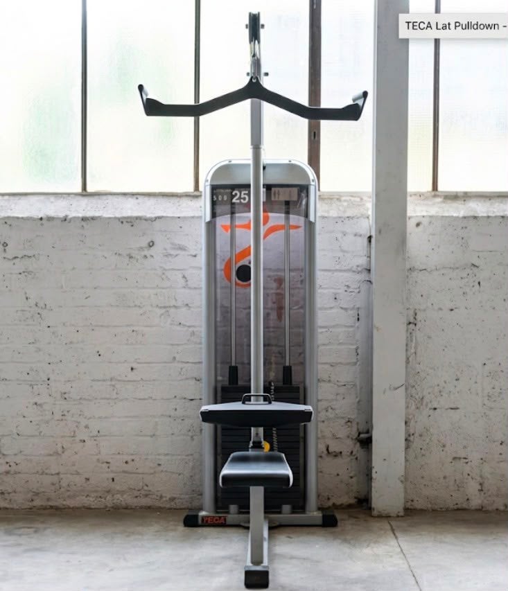 TECA Professionele Lat Pulldown + Extra Stangen & Grips, Sport en Fitness, Fitnessmaterialen, Ophalen, Zo goed als nieuw, Rug