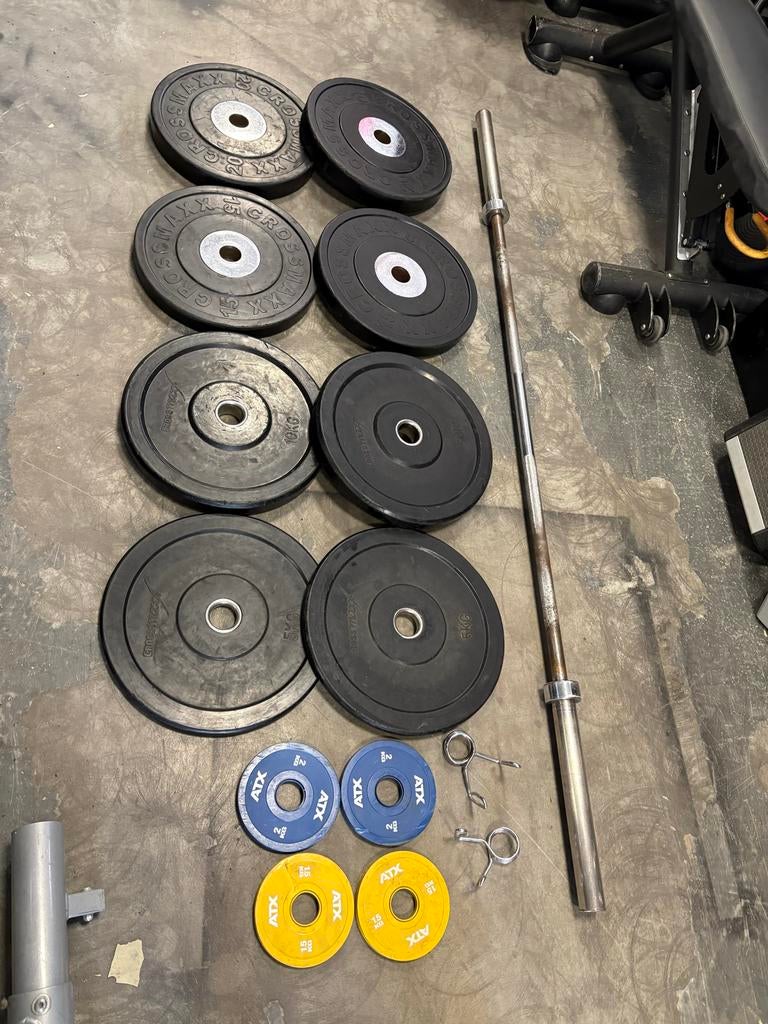 Crossmaxx Bumperplates + ATX Schijven + Stang - Dordrecht, Sport en Fitness, Fitnessmaterialen, Ophalen, Gebruikt, Halter set