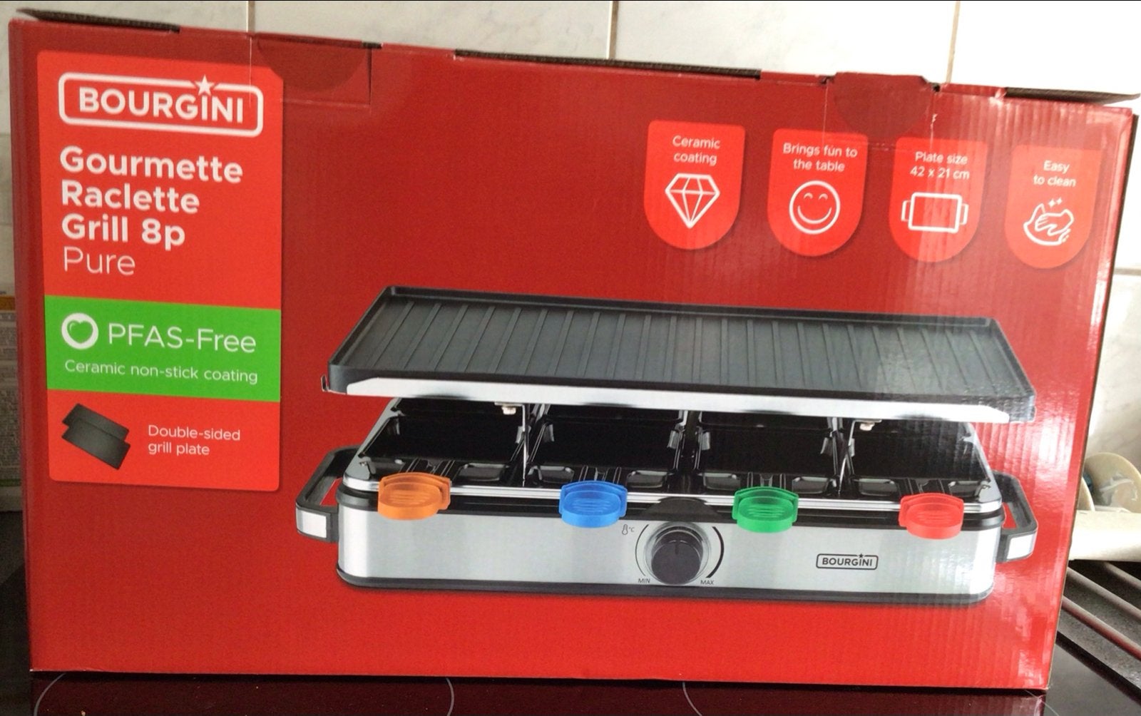 BOURGINI Gourmette Raclette Grill 8p Pure - Nieuw in doos, Ophalen, Nieuw, Vaatwasserbestendig