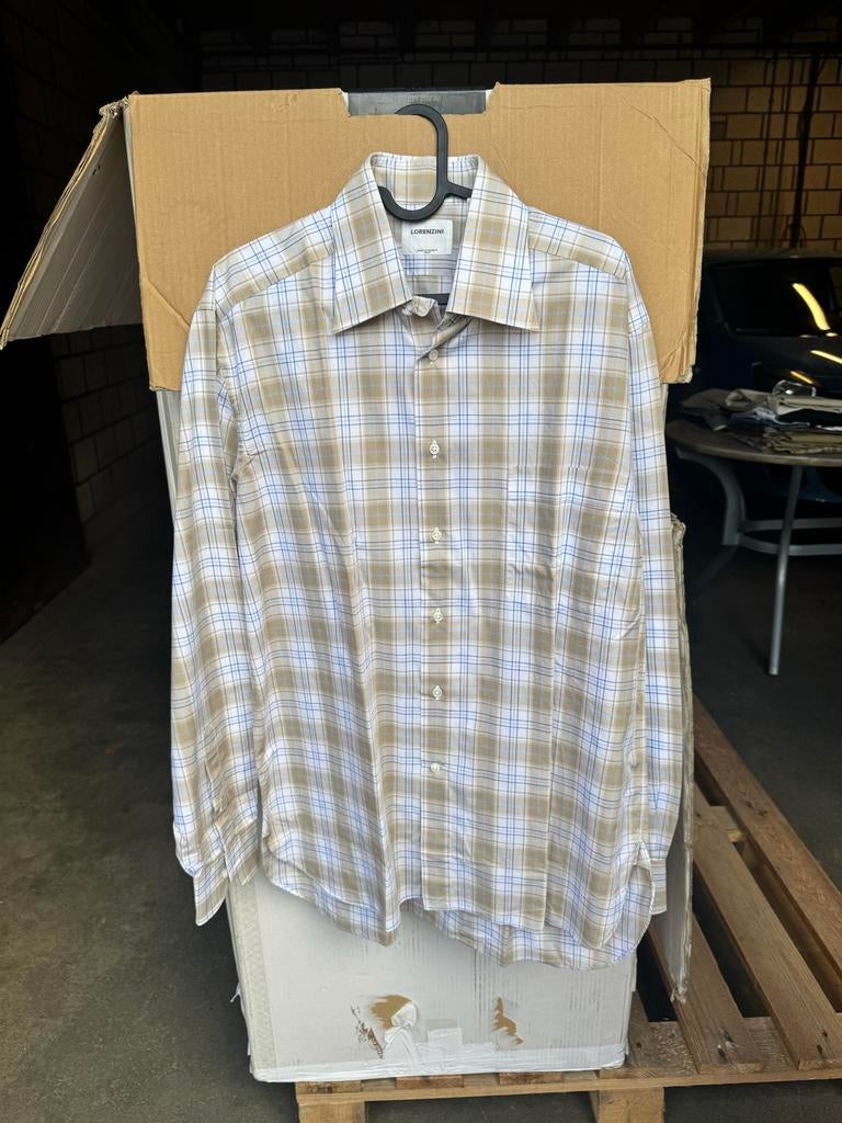Lorenzini Heren Overhemd - Beige/Blauw Geruit, Made in Italy, Kleding | Heren, Ophalen of Verzenden, Gedragen, Beige, Overige halswijdtes
