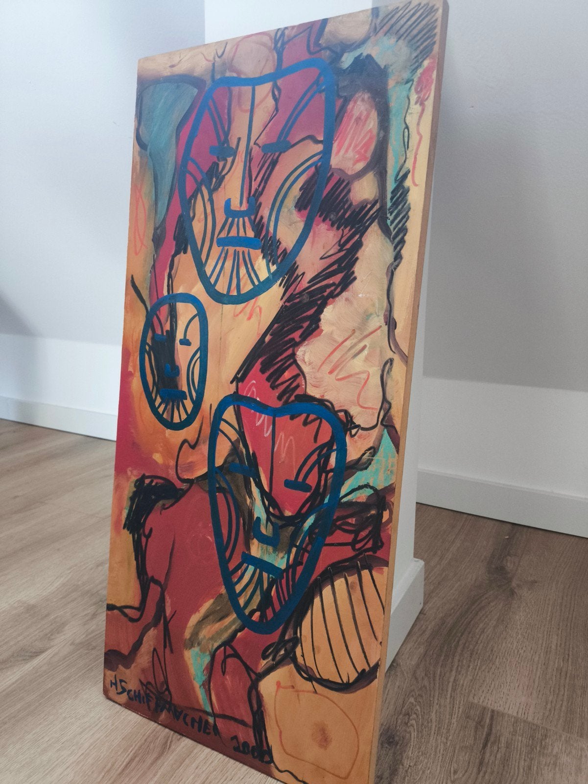 Uniek schilderij van Tattoo koning Henk Schiffmacher, Ophalen, Abstract, Acrylverf, Hout