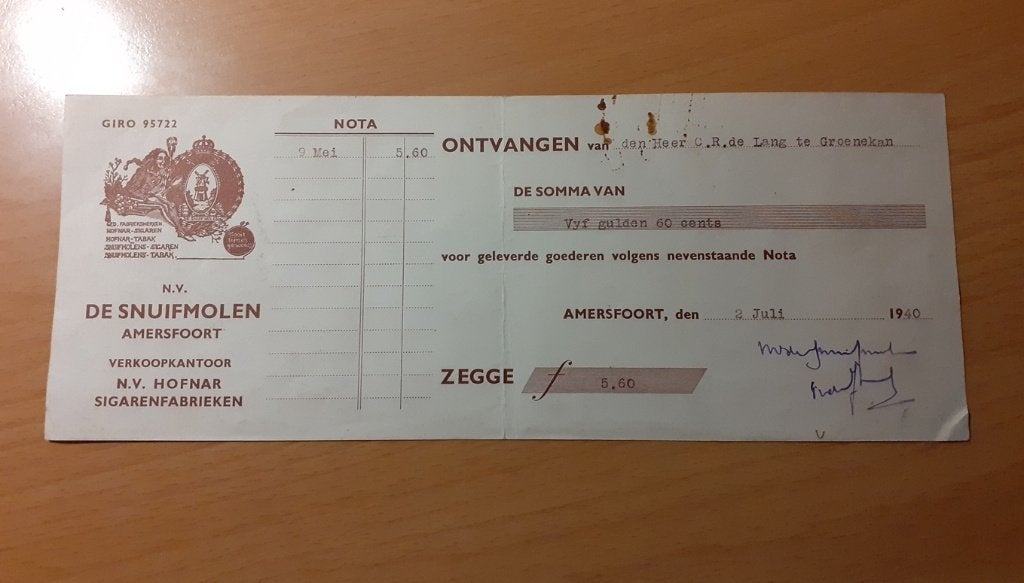 sigarenfabriek Hofnar de Snuifmolen Amersfoort wissel 1940, Ophalen of Verzenden, Zo goed als nieuw, Overige typen