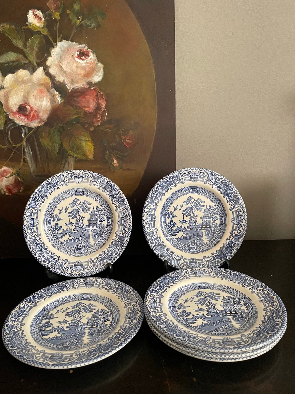 6 English ironstone blue willow gebak bordjes, Ophalen of Verzenden