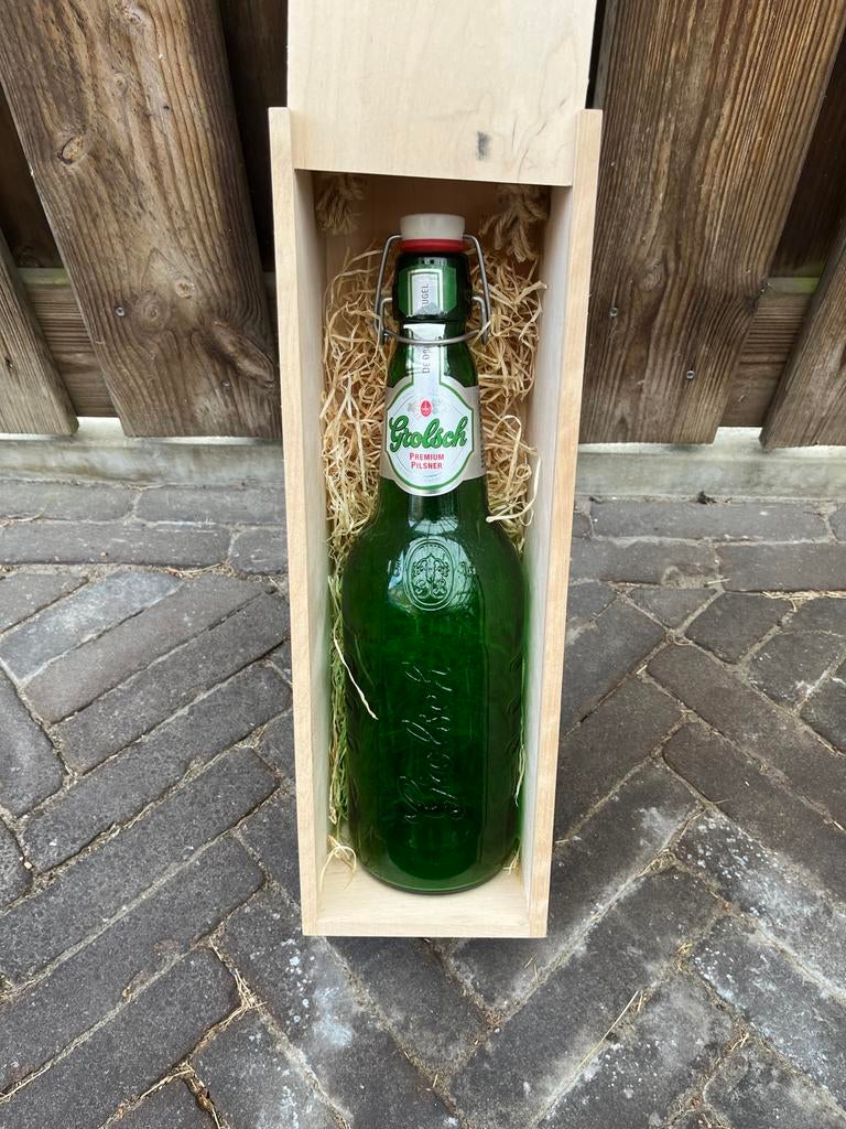 Grolsch beugelfles(leeg) in houten kistje, Ophalen of Verzenden, Gebruikt, Flesje(s), Grolsch