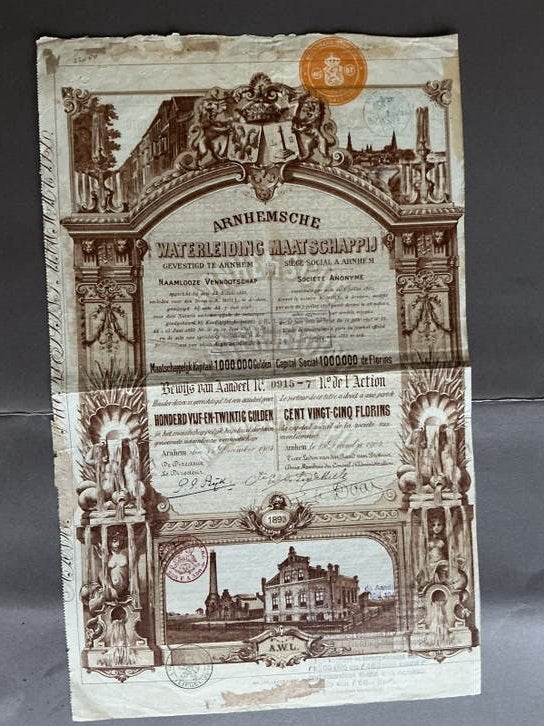 Historisch aandeel Arnhemse Waterleiding Maatschappij 1893, Postzegels en Munten, Aandelen en Waardepapieren, Verzenden, Voor 1920