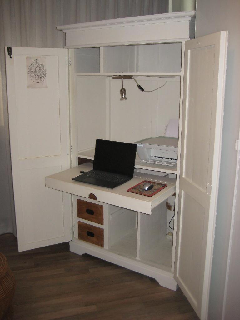 Teak computerkast met uittrek plateau en 3 lades, Ophalen, Gebruikt, 70 tot 120 cm, Teakhout