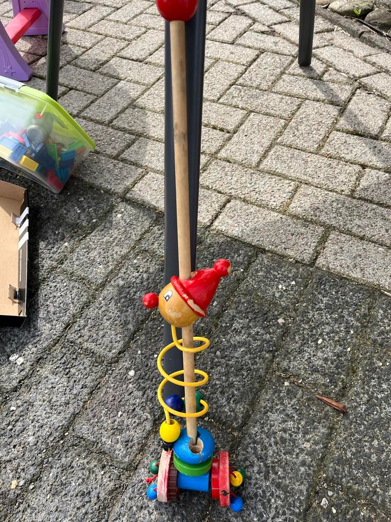 Houten duwstok met vrolijke figuur, Ophalen of Verzenden, Gebruikt, Duw- of Trekspeelgoed