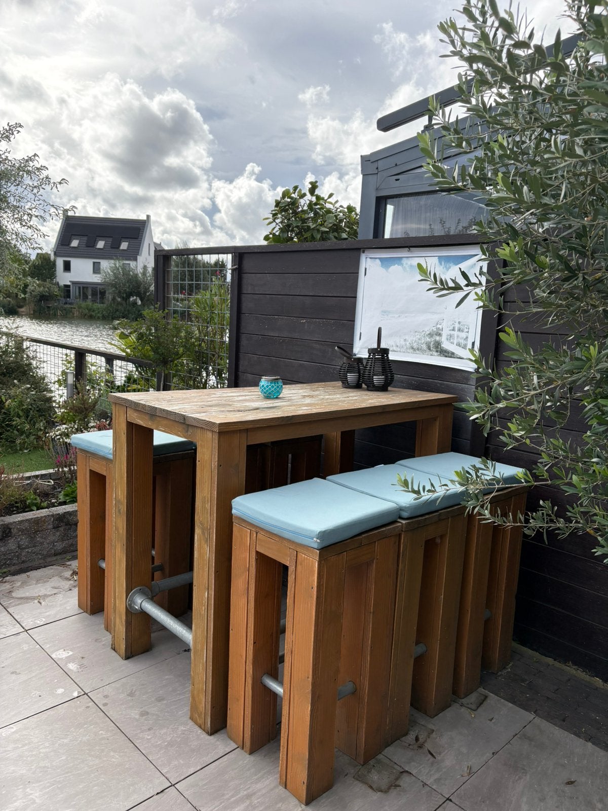 Robuuste hardhouten tuintafel + 6 krukken, Tuin en Terras, Ophalen, Gebruikt, Rechthoekig, Hout