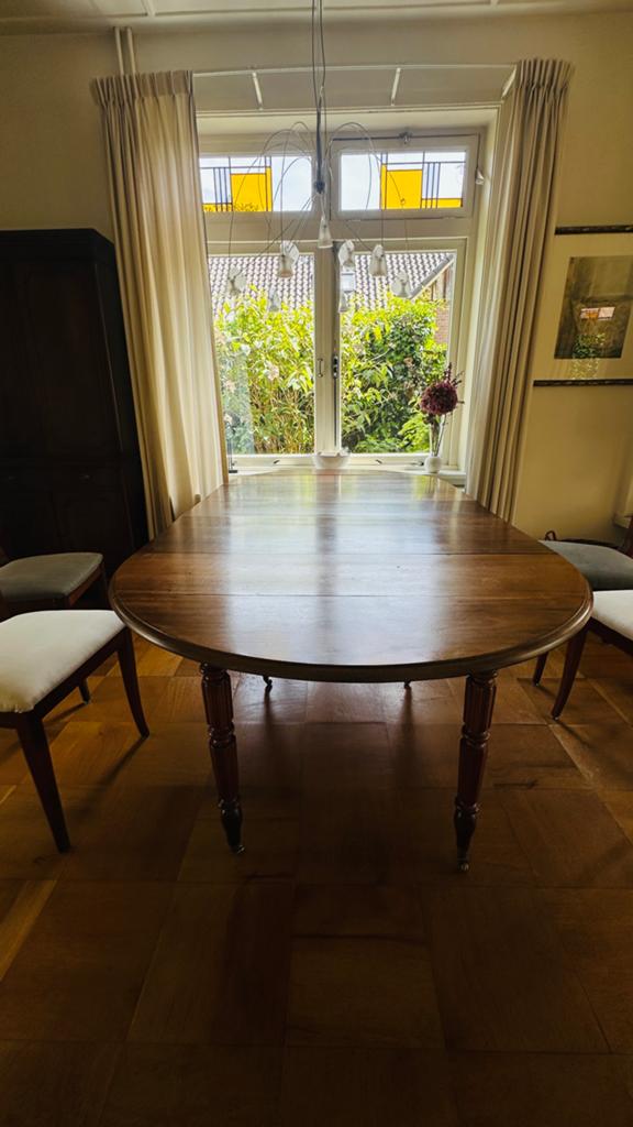 Tafel eettafel coulissentafel mahonie 1820 op wieltjes, Antiek en Kunst, Ophalen