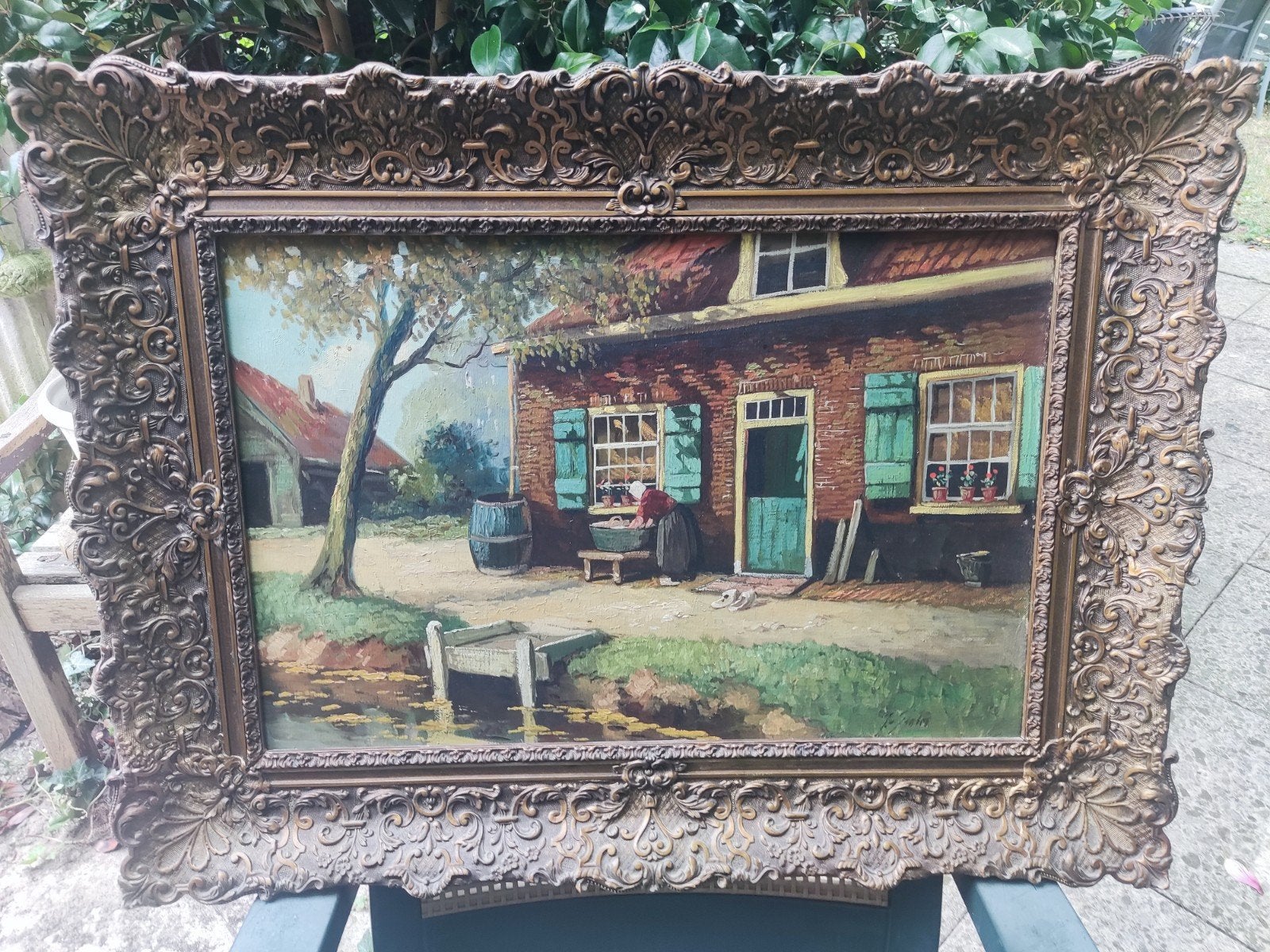 Olieverf Schilderij Boerderij J. Santo - Mooie Lijst, Ophalen, Ingelijst, Olieverf, Landschap