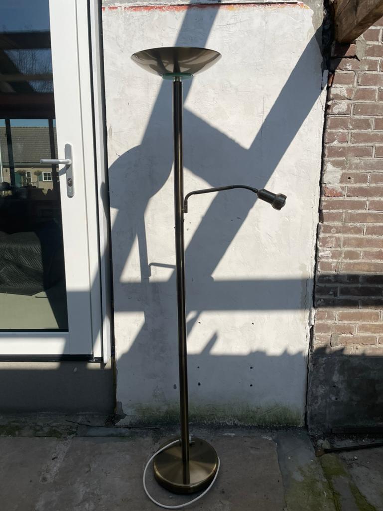 Staande leeslamp goud/brons met zijlampje, Ophalen, Gebruikt, Metaal, 150 tot 200 cm