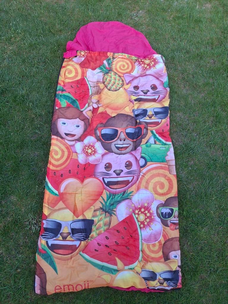 Kinder slaapzak 70x140cm roze met emoji's, Caravans en Kamperen, Slaapzakken, Ophalen of Verzenden, Gebruikt