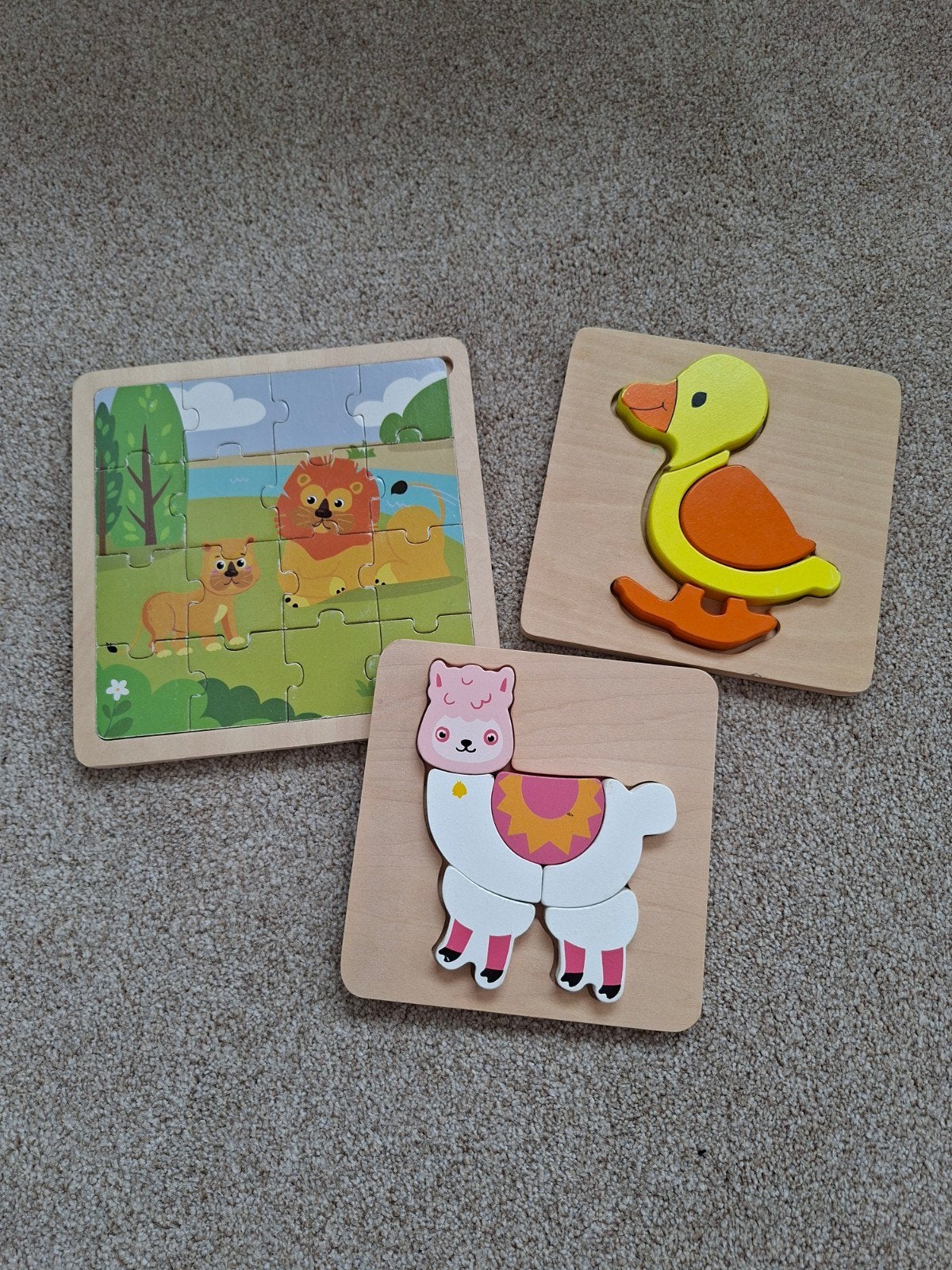Houten puzzels voor peuters: leeuw, eend, lama, 2 tot 4 jaar, Ophalen of Verzenden, Zo goed als nieuw, Van hout
