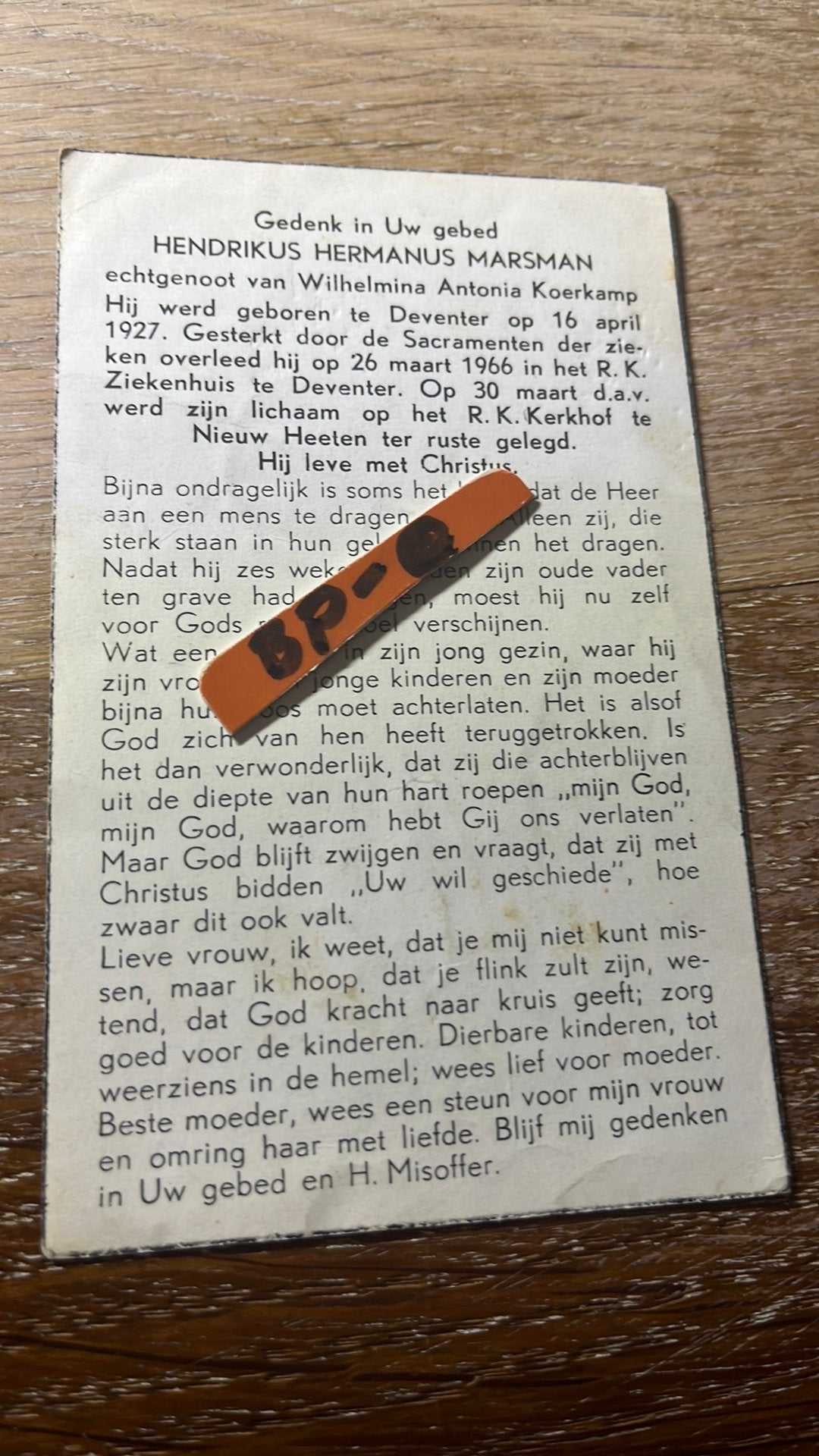 Bidprentje Hendricus Hermanus Marsman 1966, Ophalen of Verzenden, Bidprentje