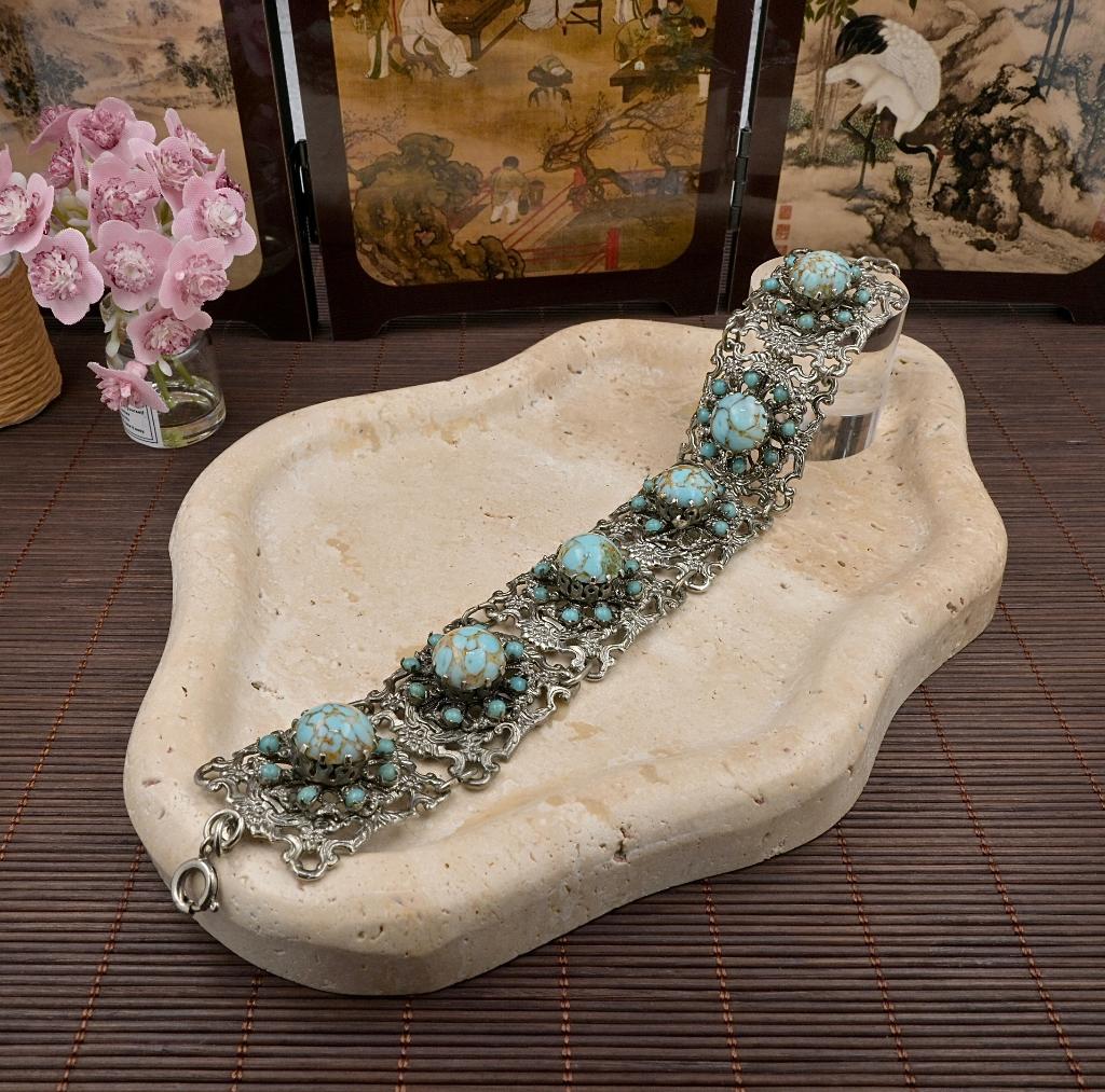 Vintage Filigraan Armband Turquoise Jaren 50 60 - rob2/3, Sieraden, Tassen en Uiterlijk, Antieke sieraden, Verzenden, Overige materialen