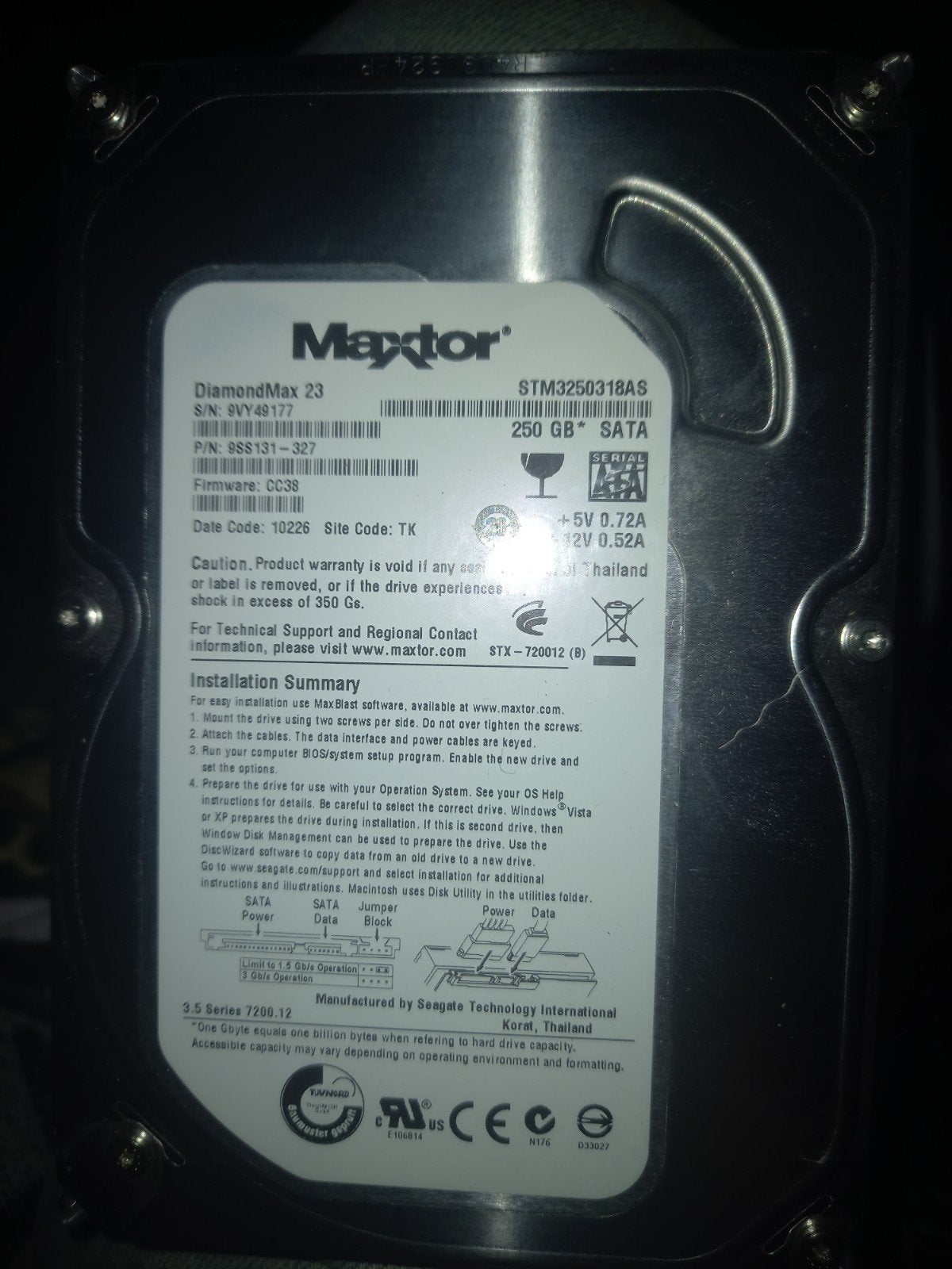 Maxtor DiamondMax 23 250GB SATA HDD, Computers en Software, Maxtor, Intern, Gebruikt, Server