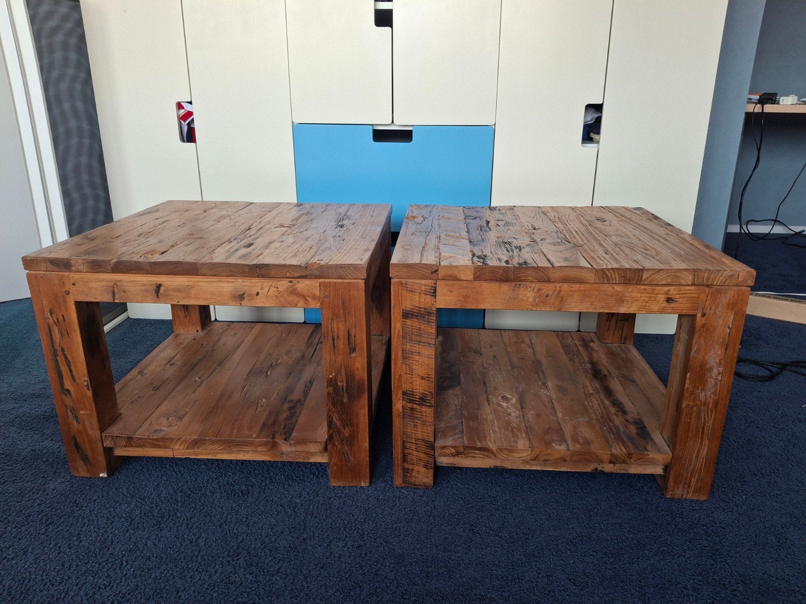Set van 2 robuuste houten salontafels van De Troubadour, Ophalen, Gebruikt, 50 tot 100 cm, Vierkant
