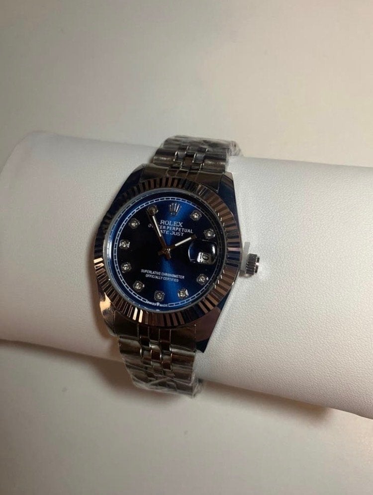 Datejust horloge met blauwe wijzerplaat en jubilee band, Overige merken, Staal, Verzenden, Polshorloge