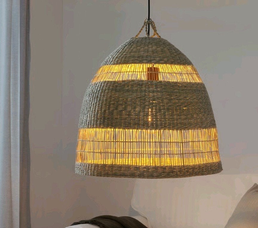 5x IKEA TORARED Rieten / zeegras Lampenkappen - Nieuwstaat, Hanglamp, Natuurlijk materiaal, Beige, Rond