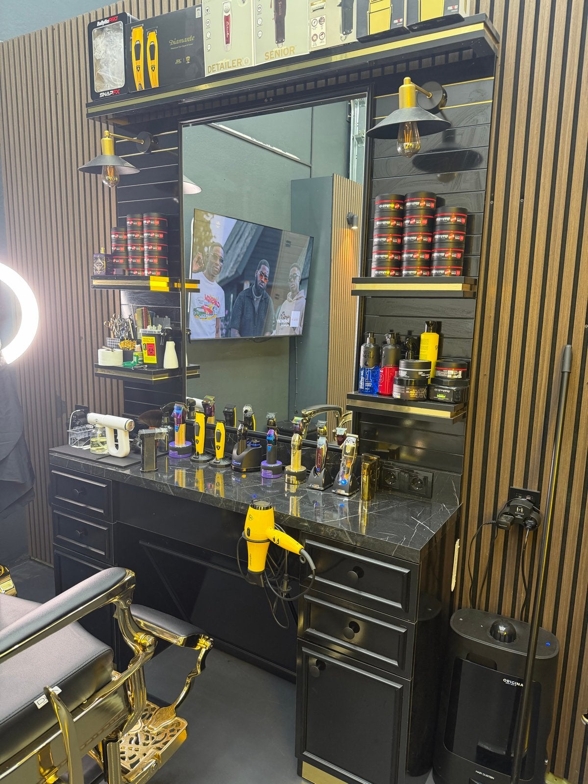 Luxe Gouden Barber Tafel / Kaptafel met Spiegel en Verlichti, Overige materialen, 100 tot 150 cm, Ophalen of Verzenden, Zo goed als nieuw