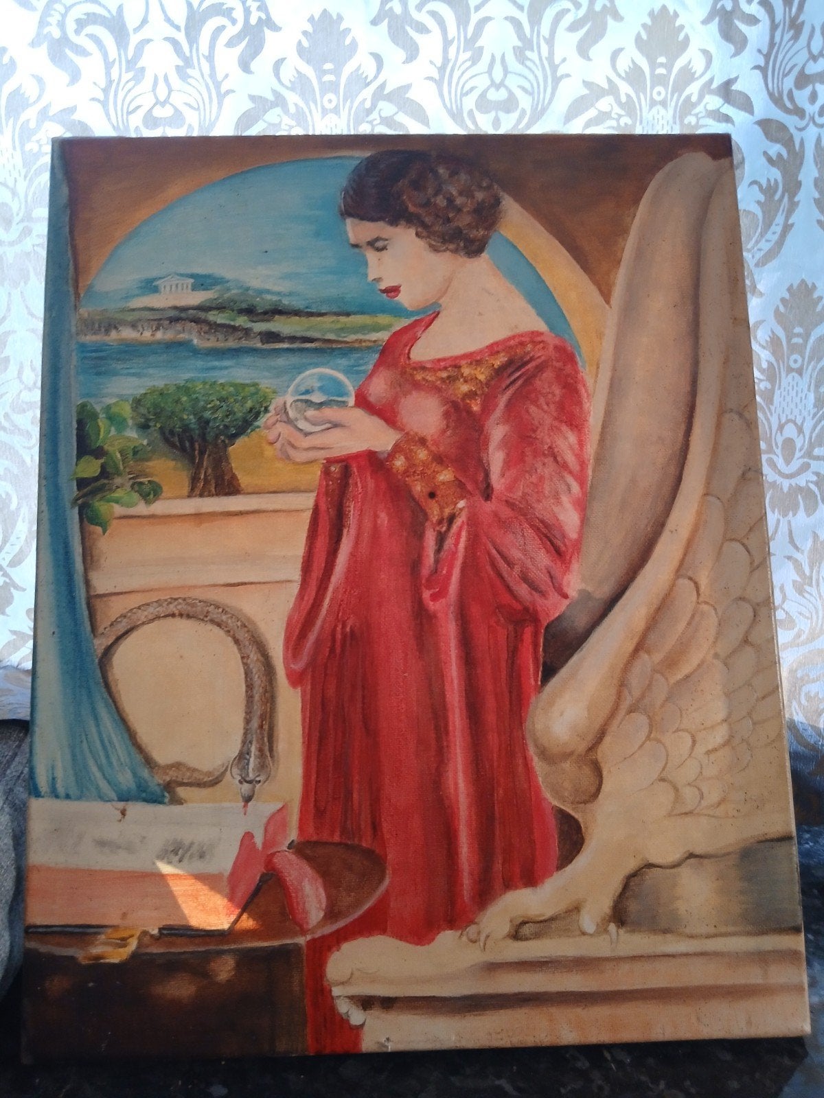Schilderij: Vrouw met kristallen bol en landschap, Antiek en Kunst, Ophalen, Doek, Portret of Personen, Surrealisme
