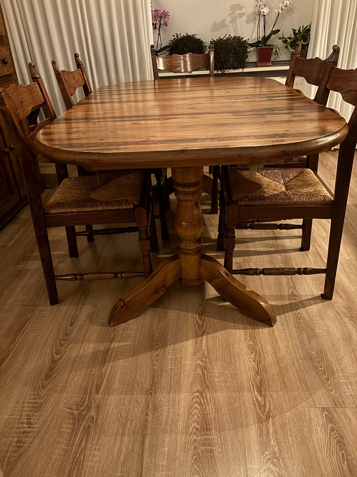 Eettafel met 6 stoelen - Massief Hout, Ophalen, Gebruikt, 100 tot 150 cm, Vijf personen of meer