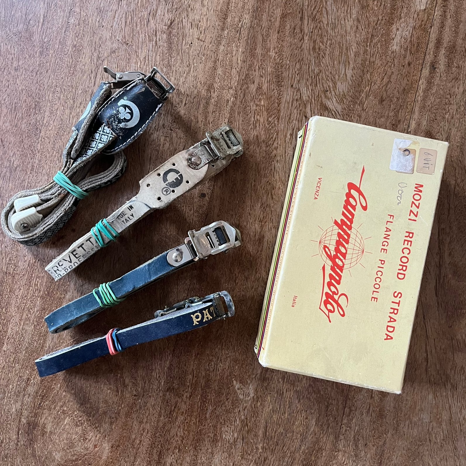Vintage toeclips Campagnolo Colnago Binda Paturaud, Crankstel of Pedalen, Gebruikt, Leer, Ophalen of Verzenden