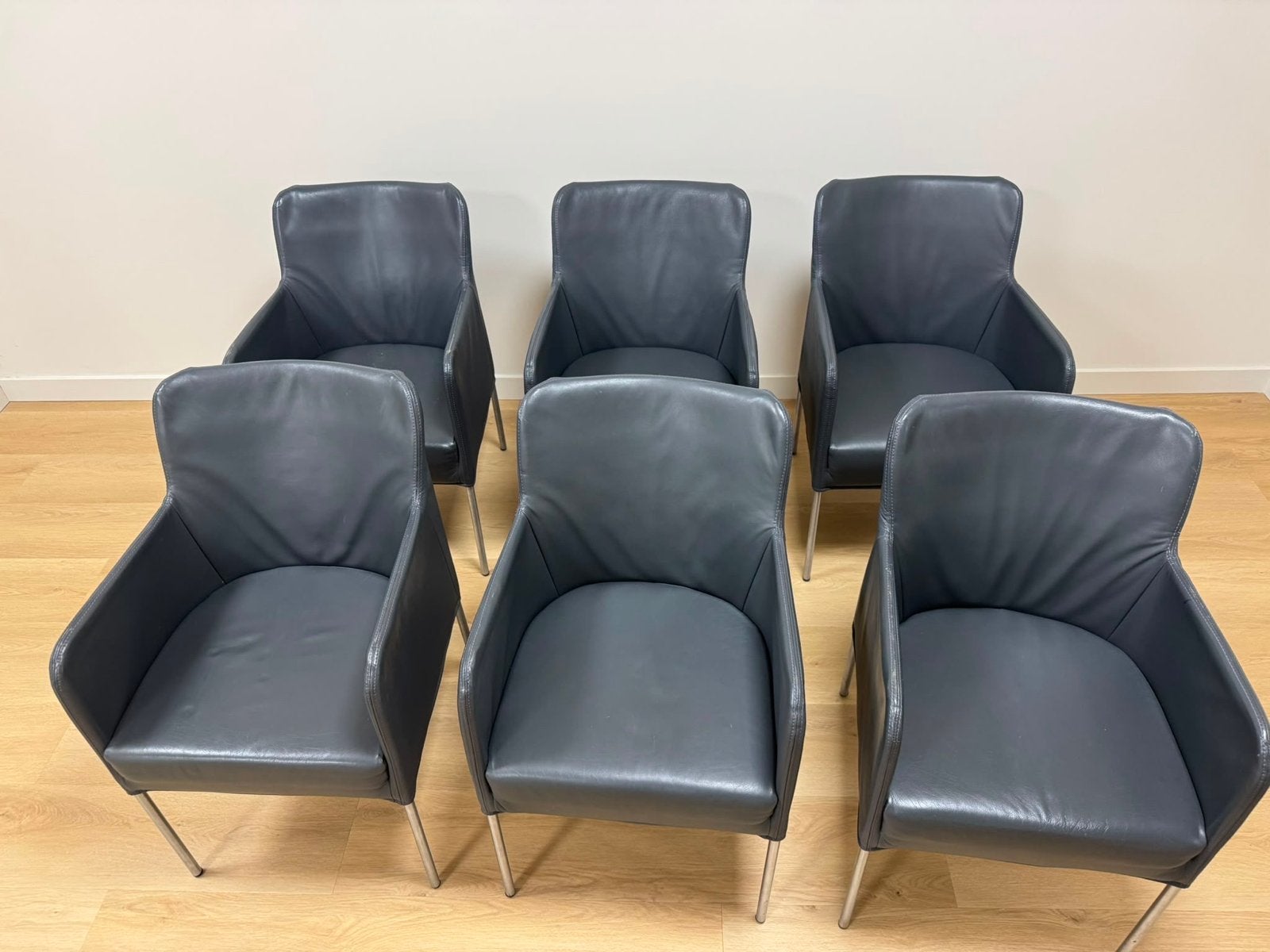 6 grijze leren Bert Plantagie stoelen, Ophalen, Gebruikt, Leer, Grijs