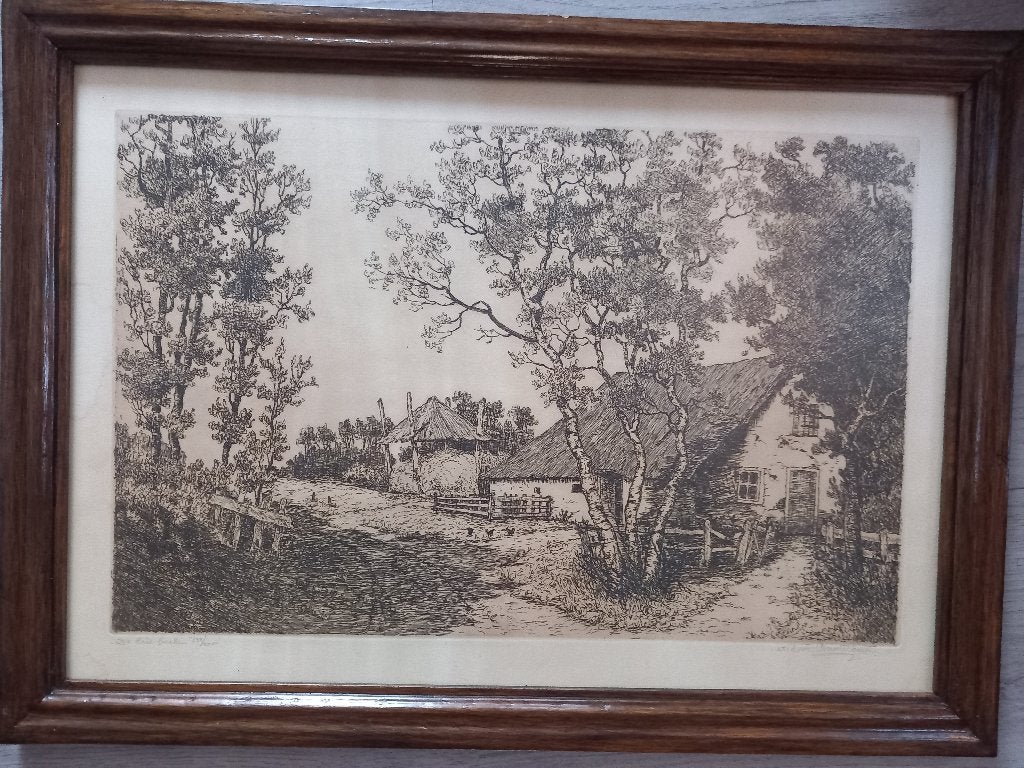 Ets Cor van der Woerd - De Drie Berken, boerderij landschap, Antiek en Kunst, Landschap, 1950 - 1999, Ets, Ingelijst