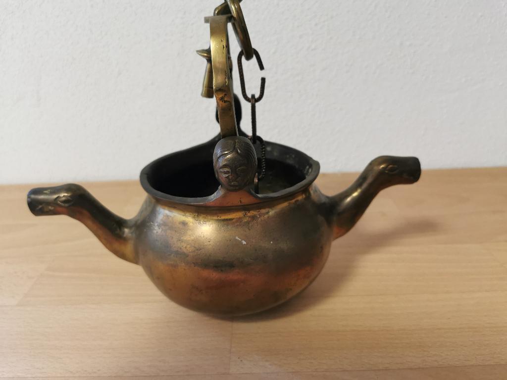 zware handgemaakte vintage koperen hangketel, met gezichtjes, Ophalen of Verzenden