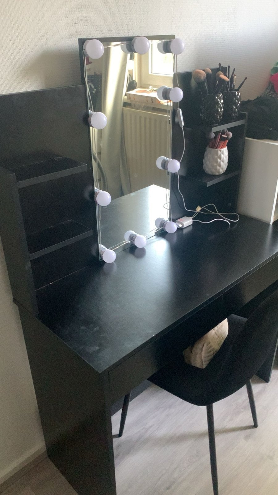 Zwart make-up bureau met spiegel en verlichting, Ophalen, Gebruikt, 100 tot 150 cm, 50 tot 100 cm