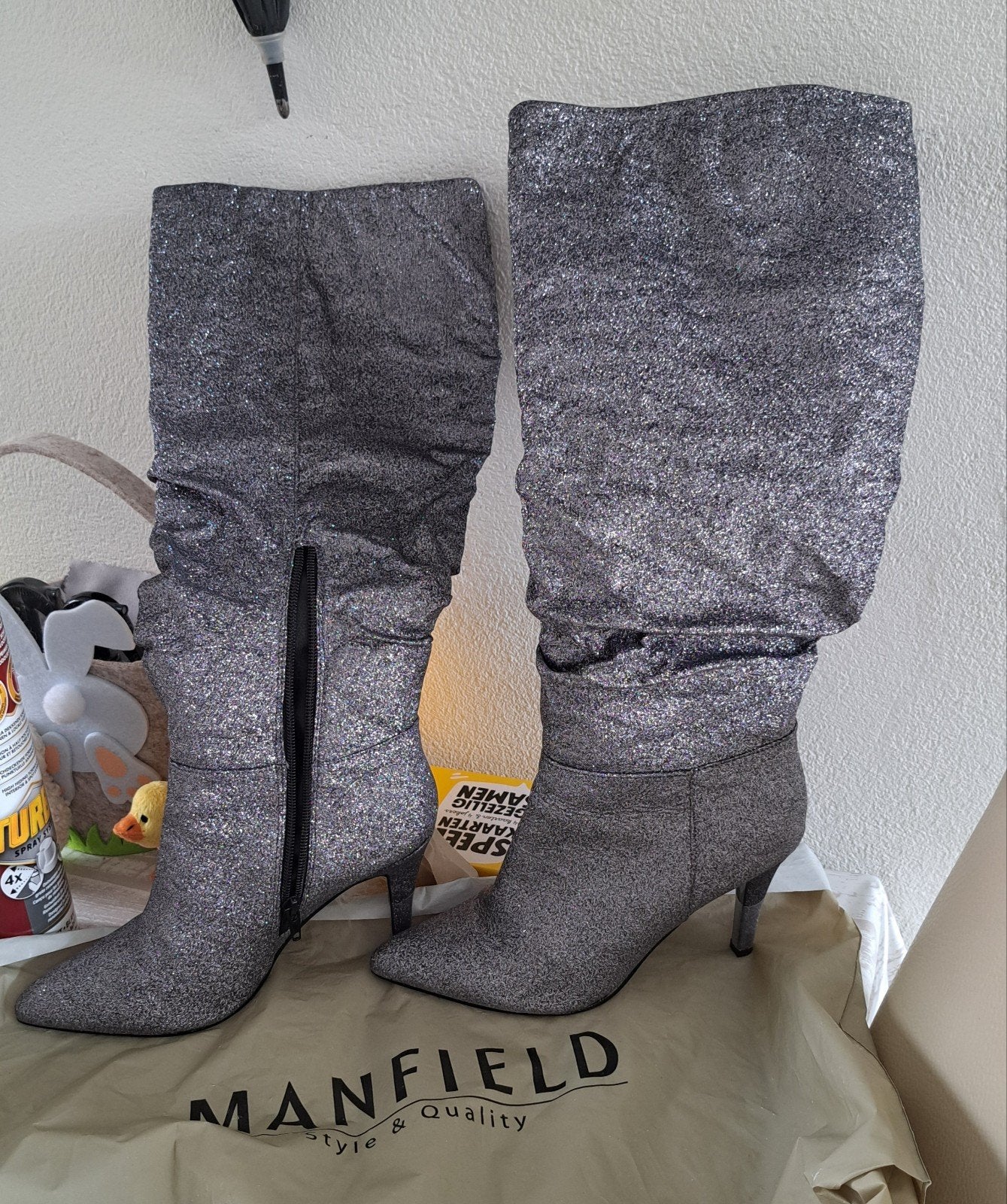 Manfield Glitter Laarzen - Maat 38, Hoge laarzen, Ophalen of Verzenden, Zo goed als nieuw, Grijs