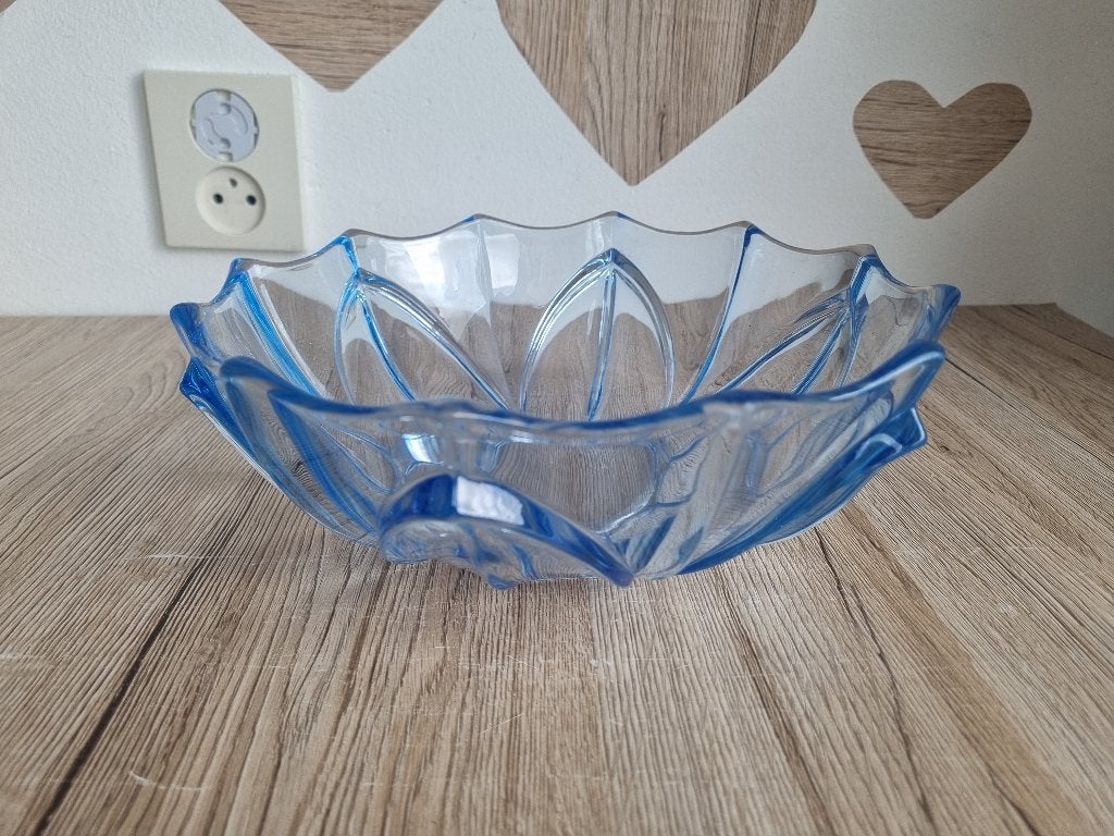 Mooie Antiek Vintage Fruit Schaal Glas Blauw Bloemvorm, Ophalen of Verzenden