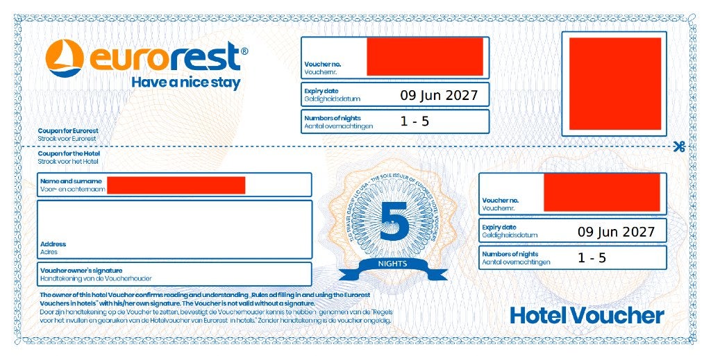 Eurorest hotelvoucher - 5 nachten voor 2 personen, Tickets en Kaartjes, Twee personen, Overige soorten, Arrangement, Overige typen