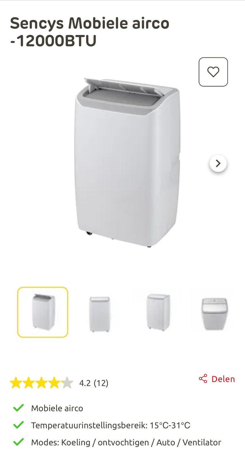 Sencys mobiele airco 12000btu inclusief toebehoren (nieuw), Ophalen, Minder dan 60 m³, 3 snelheden of meer, Zo goed als nieuw