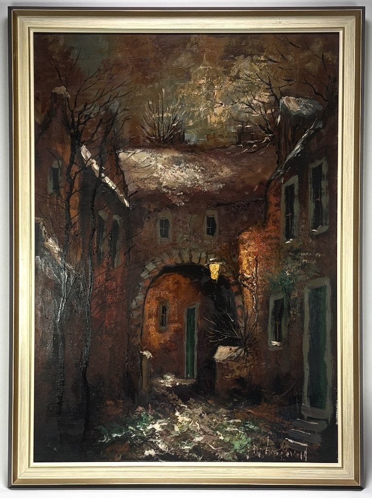 235. Olieverfschilderij – nachtelijk stadsgezicht, ca. 1975, Ophalen