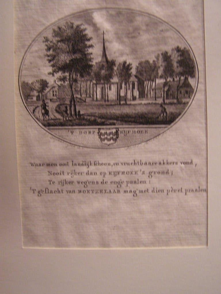 gravure dorp Kijfhoek(nu Zwijdrecht) rond 1793 met tekst, Stadsgezicht, Met tekst, Ophalen of Verzenden, Gravure
