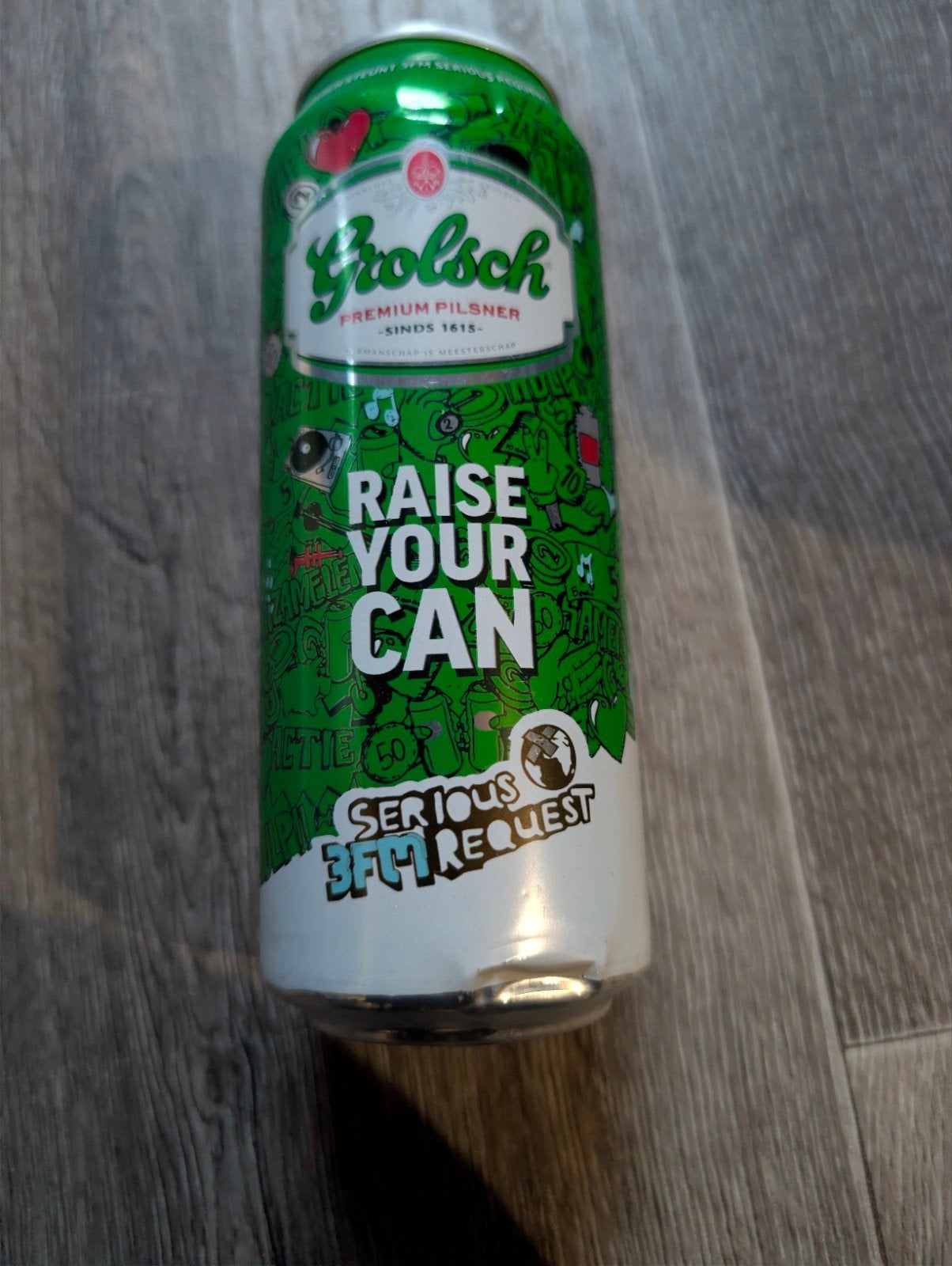 Uniek Grolsch Serious Request Blik (2012) - "Raise Your Can", Ophalen of Verzenden, Flesje(s), Grolsch
