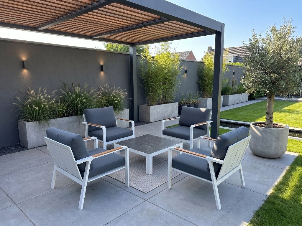 Moderne aluminium tuinset met 4 stoelen en tafel, Ophalen, 4 zitplaatsen, Bijzettafel, Aluminium