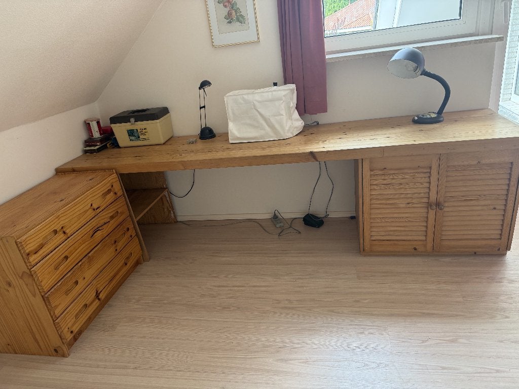 Houten bureau met dichte onderkast, ladenkast en legkast, Ophalen, Gebruikt, Scandinavisch, Hout